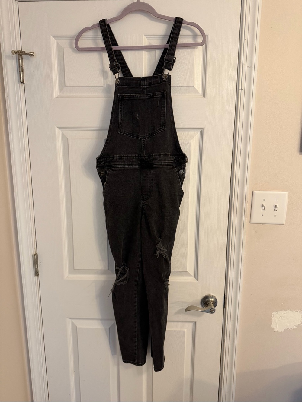 Old Navy Black Slim Straight Distressed Denim Overalls